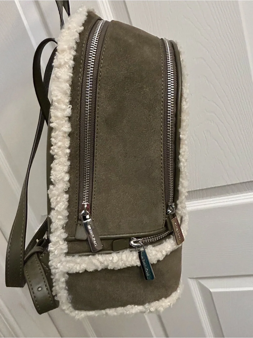 Michael Kors Olive Suede Backpack with Cream Faux Shearling Trim